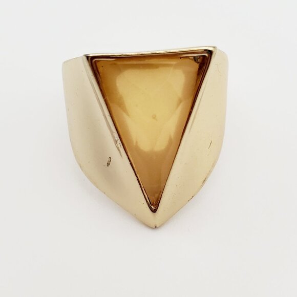 MCM Modernist Gold Ring Wide Band Faceted Moonstone Style Yellow V  Stone Thick - Picture 2 of 6